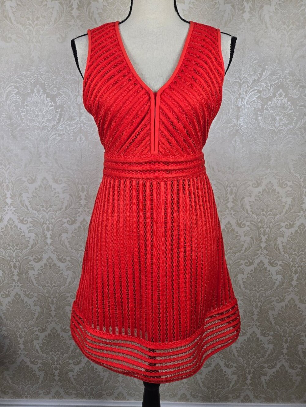 J Crew Sz 2 Petite Orange Striped Eyelet Fit & Flare Dress Sleeveless Vneck